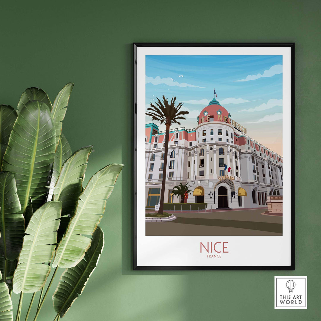 Nice France travel print poster featuring a historic building, ideal for wall art decor in home or office.