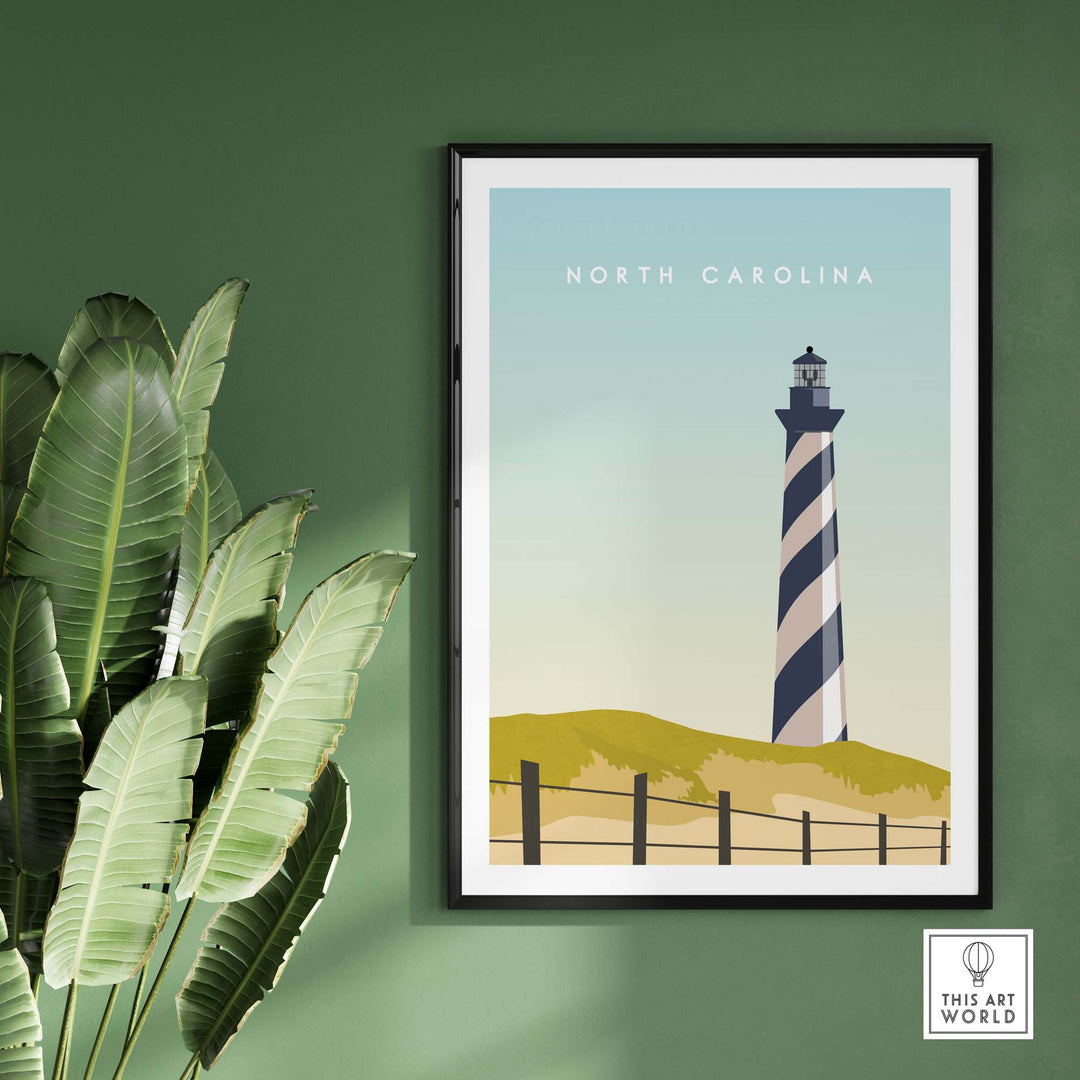 North Carolina travel poster print featuring a lighthouse on a green wall, minimalist vintage design with a coastal theme.