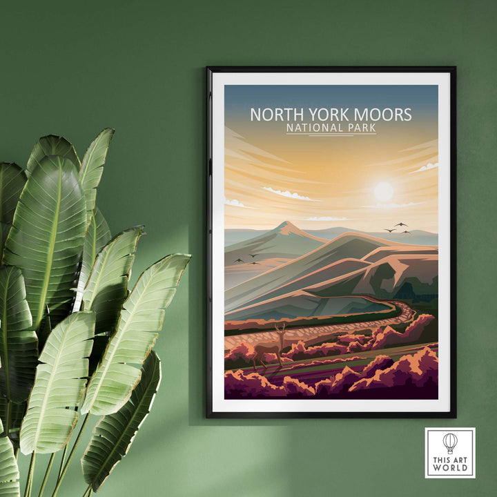 North York Moors poster in a minimalist design on a green wall, showcasing a serene national park landscape.
