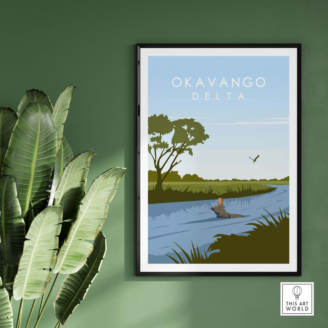 Okavango Botswana print featuring a serene river scene and lush greenery, designed in a minimalist style.