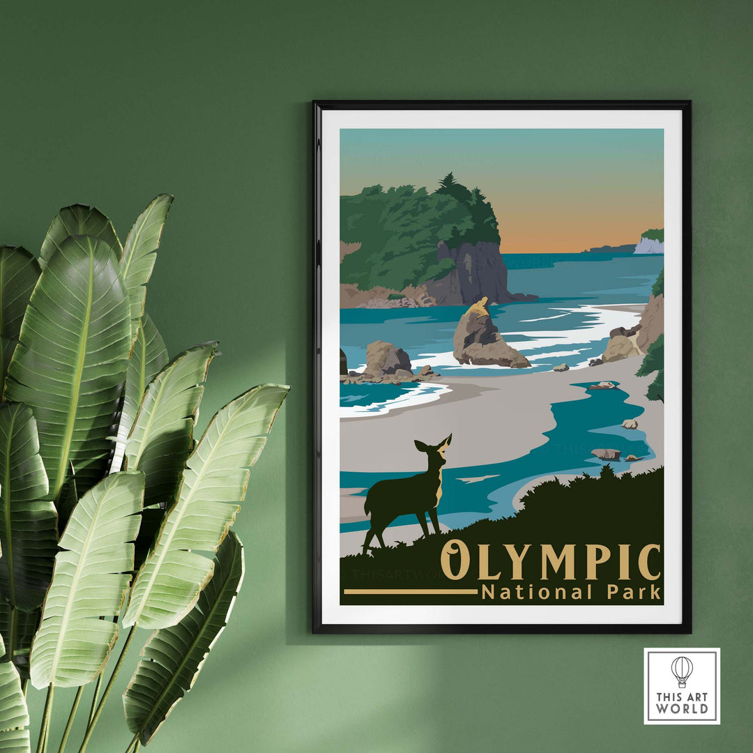 Olympic National Park vintage travel poster print framed on a green wall with a tropical plant.
