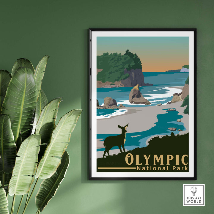 Olympic National Park vintage travel poster print framed on a green wall with a tropical plant.