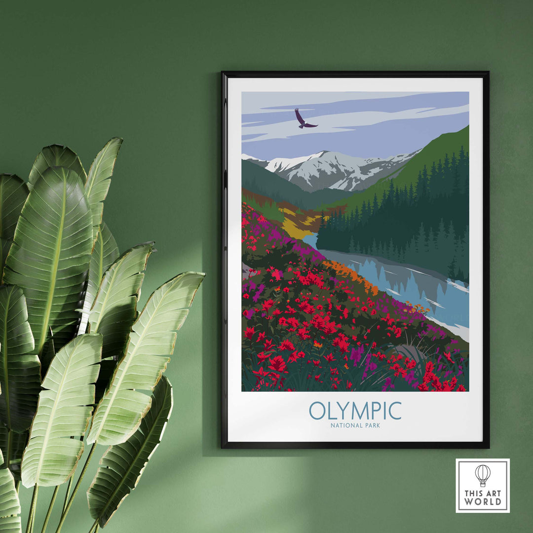 Olympic National Park poster art print featuring vibrant landscapes and mountains in a minimalist design.