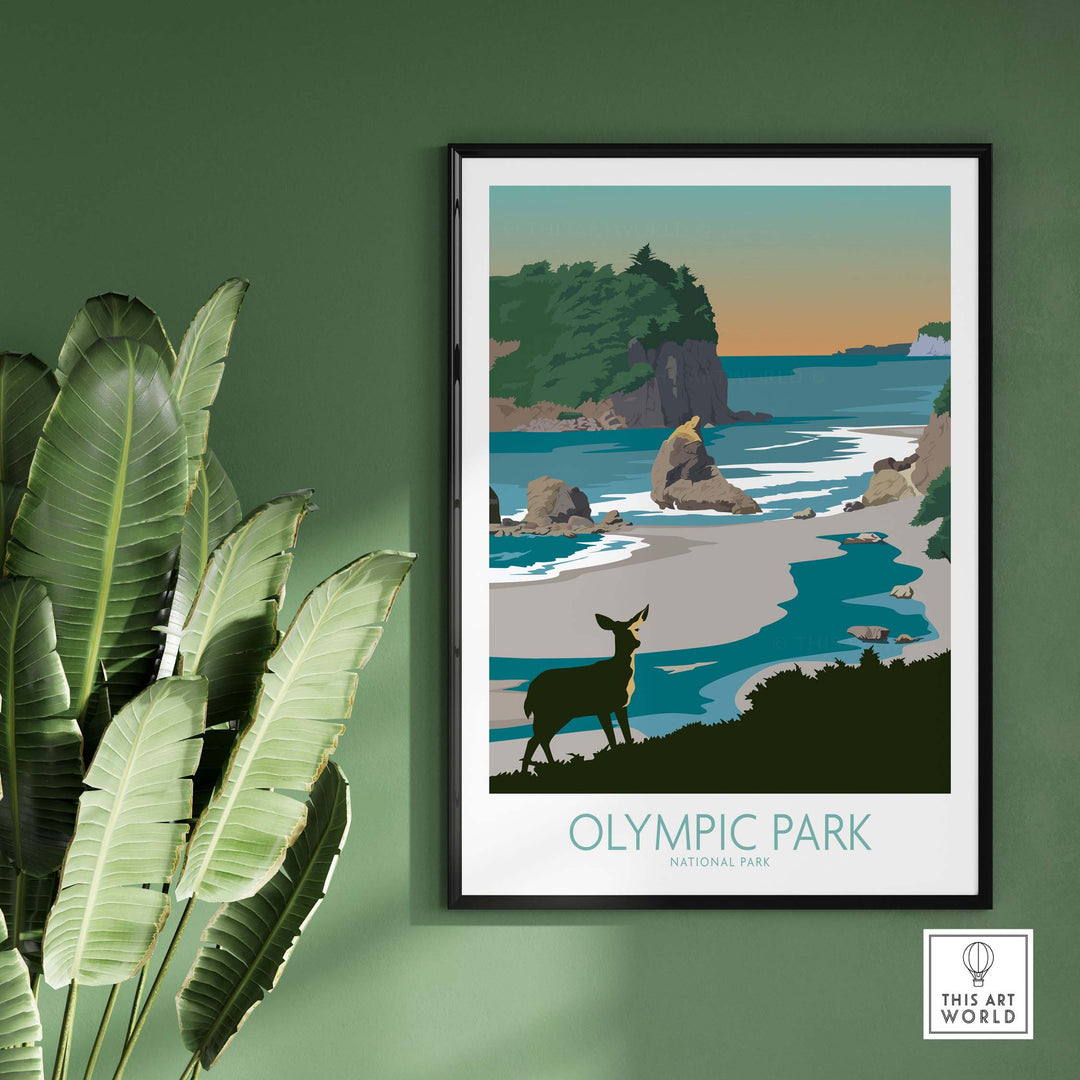 Framed Olympic National Park wall art featuring natural landscapes with deer silhouette and coastal scenery.