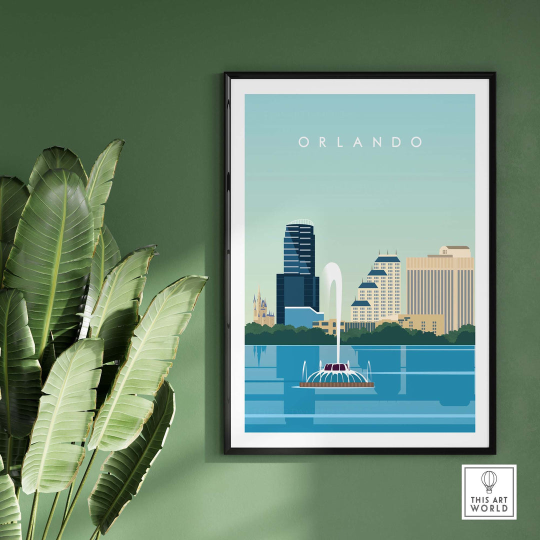 Orlando travel poster print showcasing skyline and fountain in a minimalist design, perfect for wall decor.