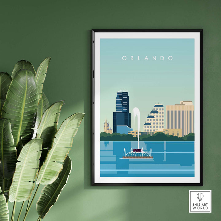 Orlando travel poster print showcasing skyline and fountain in a minimalist design, perfect for wall decor.