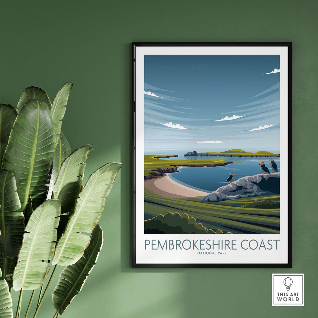 Pembrokeshire Coast Print in a modern minimalist style, showcasing nature and landscapes, framed on a green wall.