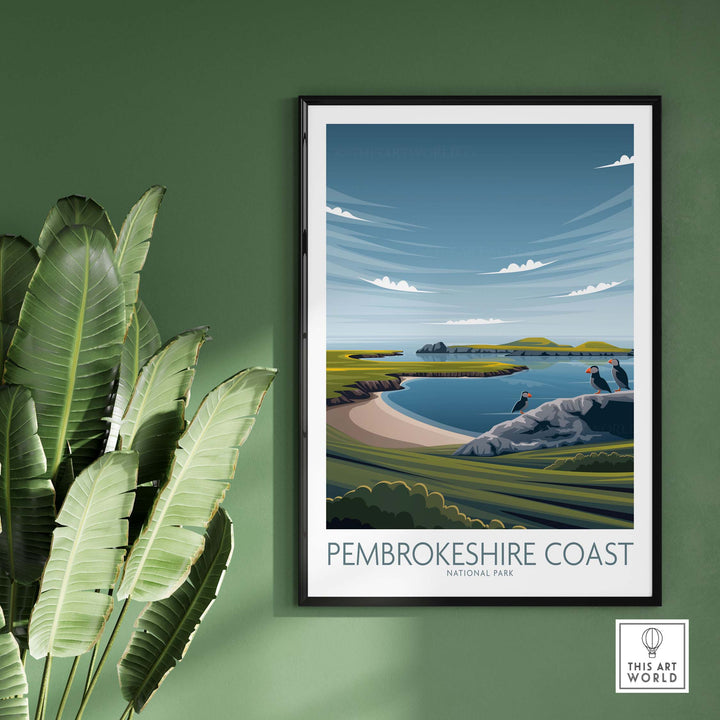 Pembrokeshire Coast Print in a modern minimalist style, showcasing nature and landscapes, framed on a green wall.