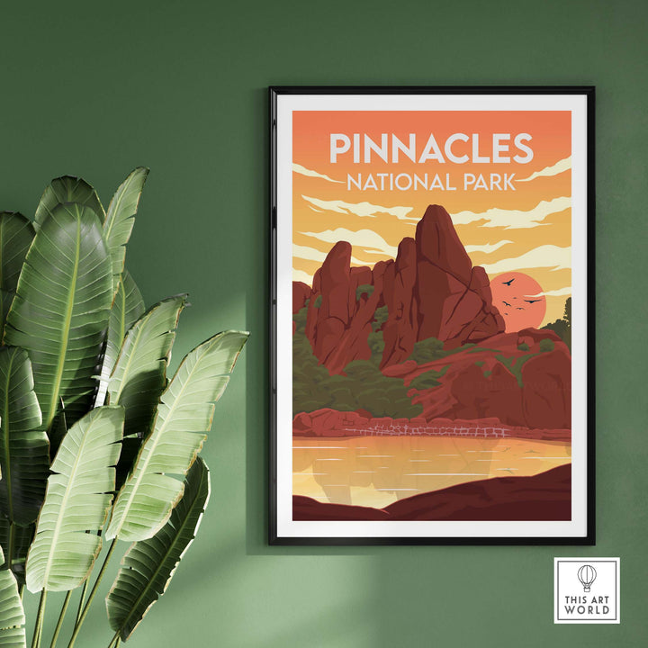 Pinnacles National Park poster framed on green wall, featuring minimalist design and vibrant nature colors.