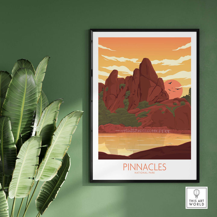 Pinnacles National Park art print featuring minimalist design in warm colors, framed on a green wall.