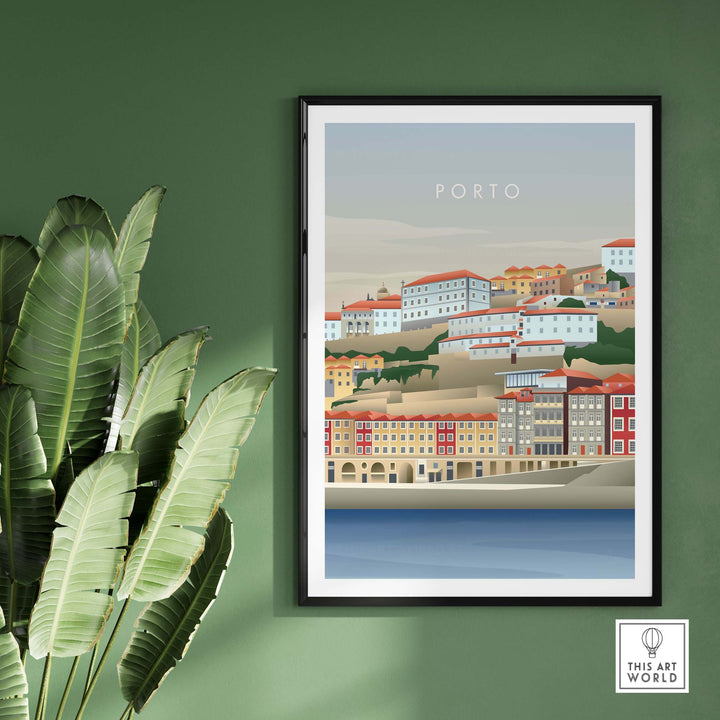 Porto Portugal wall art poster featuring colorful buildings and waterfront, perfect for travel-inspired home decor.