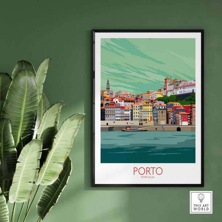 Porto Portugal travel poster featuring colorful cityscape and vintage art style for home decor.