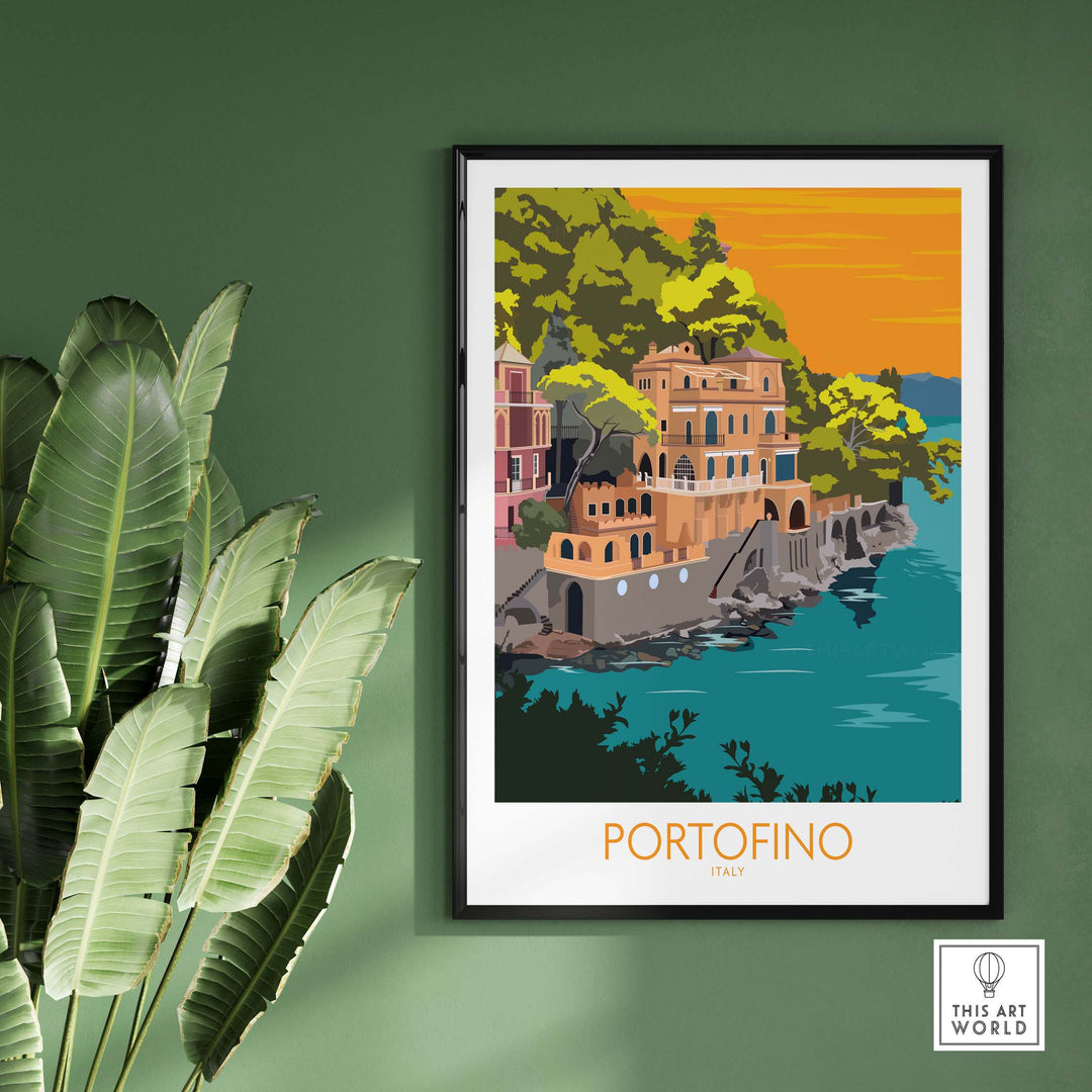 Portofino Print Travel Poster showcasing vintage travel art with colorful buildings and scenic waterfront.