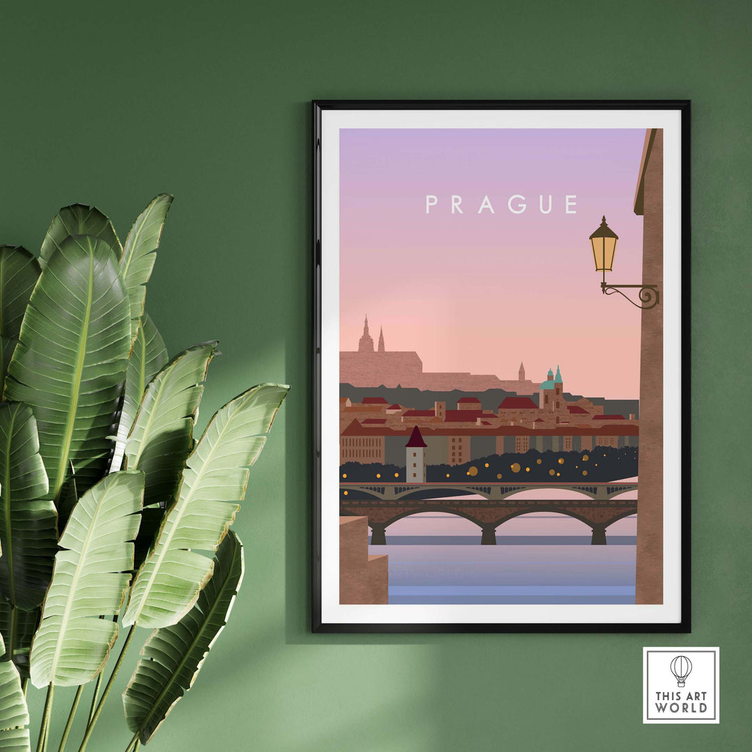 Prague Print Wall Art Poster featuring a sunset view with a bridge and historical cityscape, framed on a green wall.