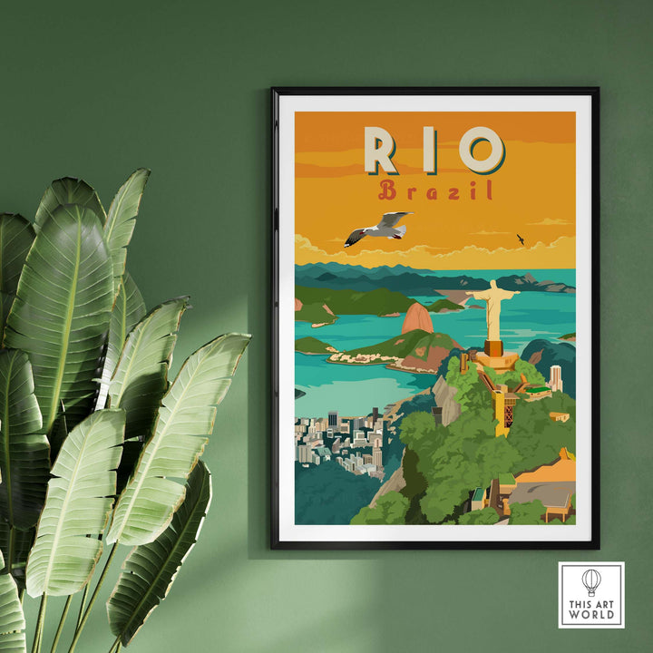 Vintage-inspired Rio Brazil wall art print showcasing iconic landmarks in a minimalist design.
