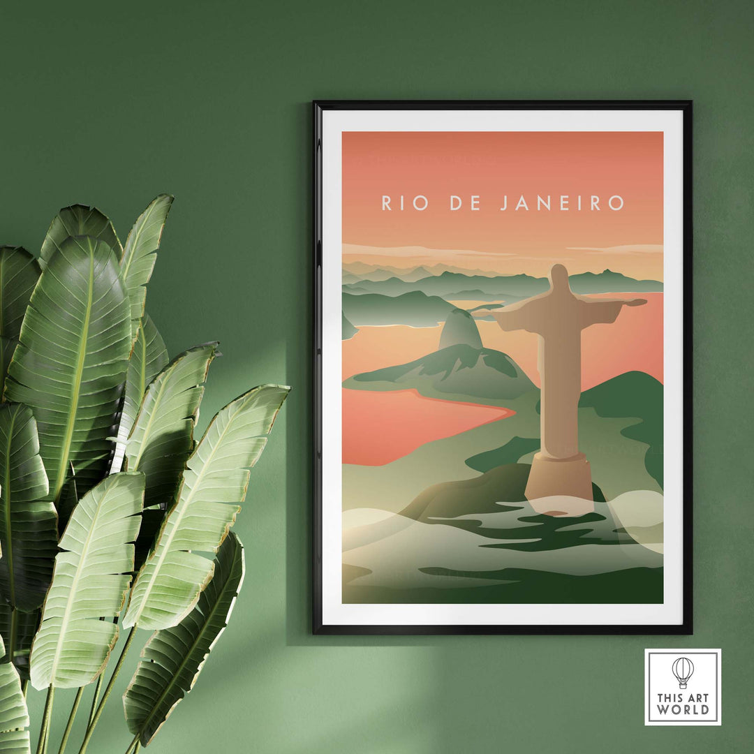 Vintage Rio de Janeiro wall art poster featuring Christ the Redeemer against a colorful sunset backdrop.