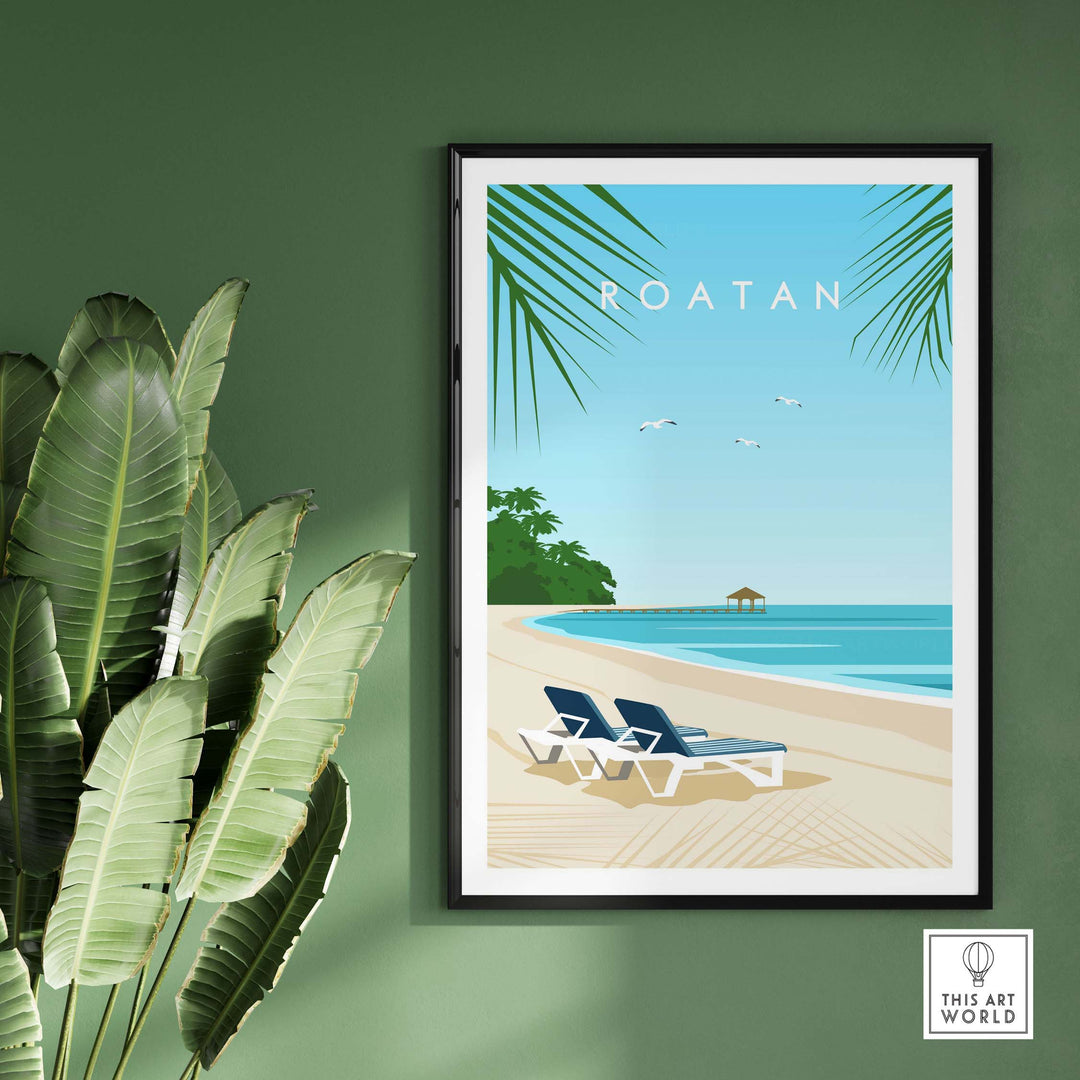 Roatan Art Print featuring beach chairs and palm trees, evoking travel nostalgia for home or office decor.