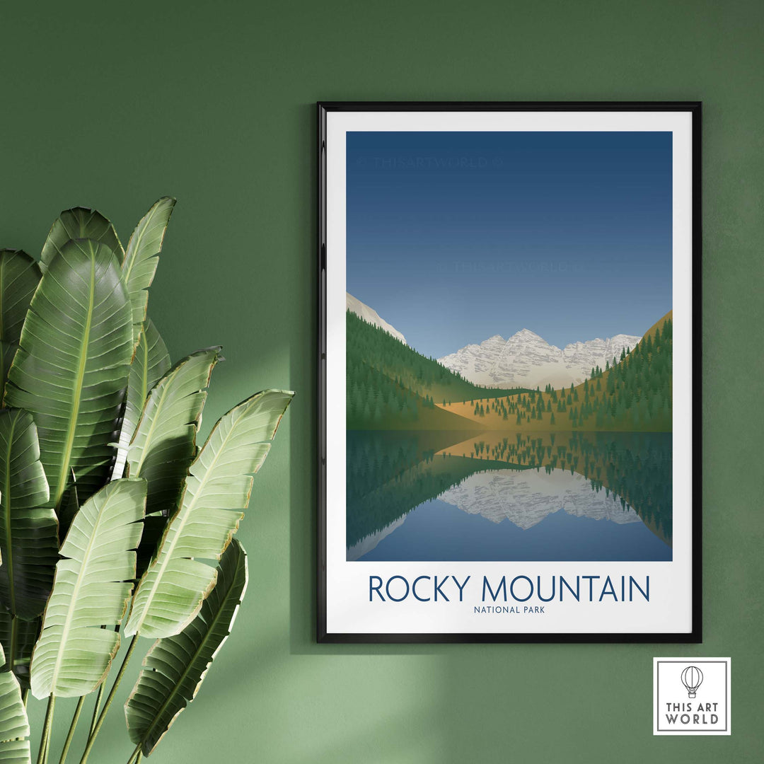 Rocky Mountain National Park art print featuring minimalist design and stunning landscape reflection.