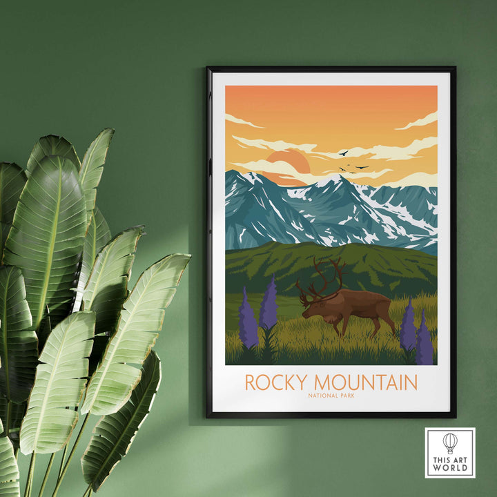 Rocky Mountain National Park poster featuring mountains and wildlife in a minimalist design, perfect for home decor.