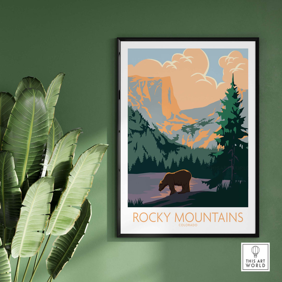 Rocky Mountains Colorado poster featuring a bear and vintage-style art, perfect for outdoor enthusiasts.