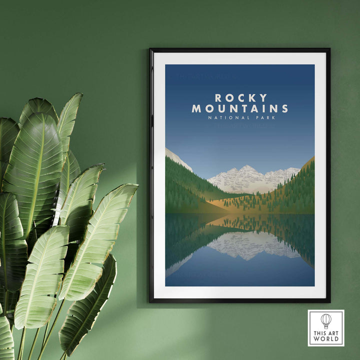 Rocky Mountains National Park minimalist art print framed on green wall, featuring mountains and lake reflection.