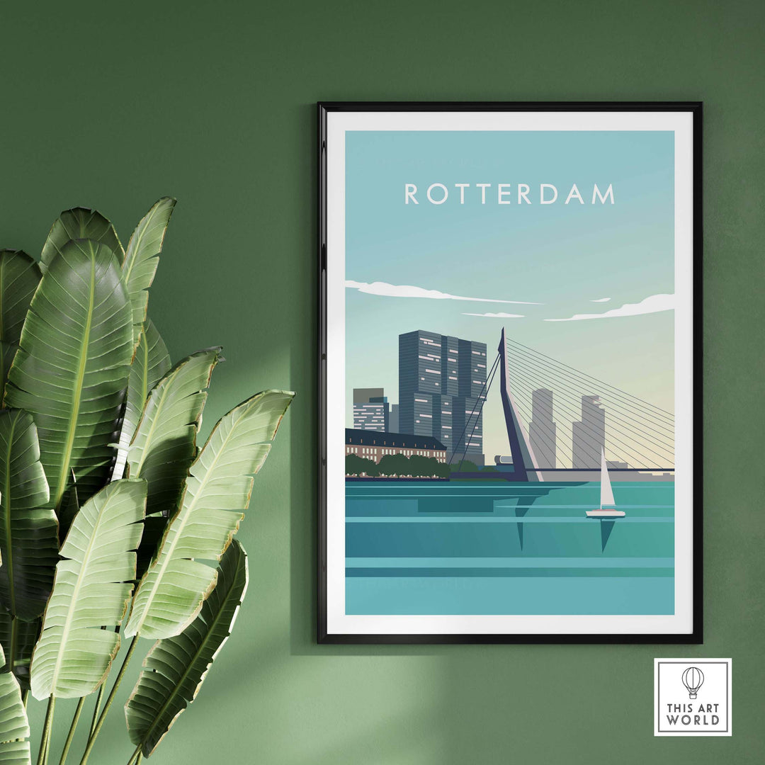 Rotterdam Print Wall Art Poster featuring a modern skyline and sailboat on a green wall.