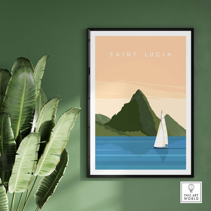Saint Lucia wall art print featuring a minimalist design of mountains and a sailboat.