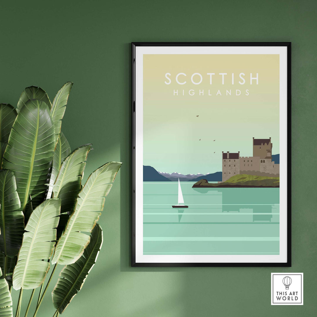 Scottish Highlands wall art poster featuring a castle by the water, framed in black, enhancing home decor with vintage travel style.