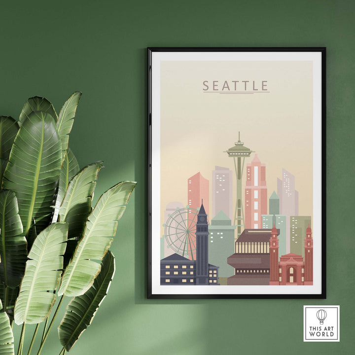 Seattle city skyline print in pastel tones, framed art piece displayed on a green wall with indoor plant.