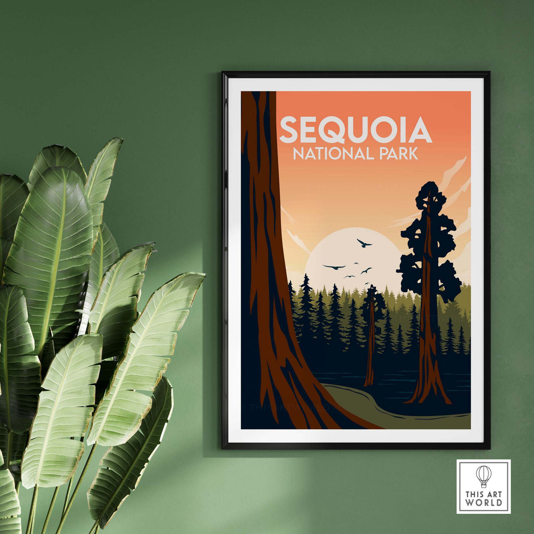 Sequoia National Park poster featuring minimalist design and vibrant sunset colors, perfect for nature lovers.