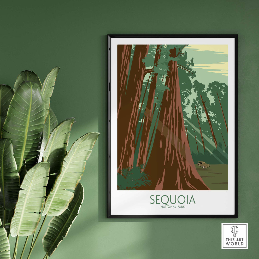 Sequoia National Park vintage poster print framed, showcasing towering trees and lush greenery for outdoor decor.