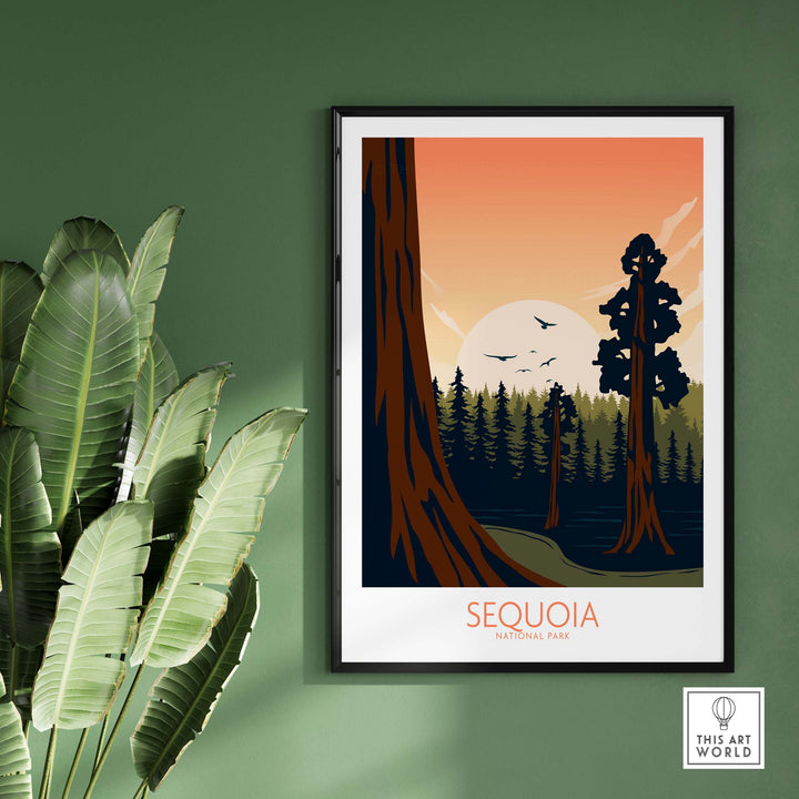 Sequoia National Park poster art print featuring trees and sunset, ideal for nature lovers and home decor.
