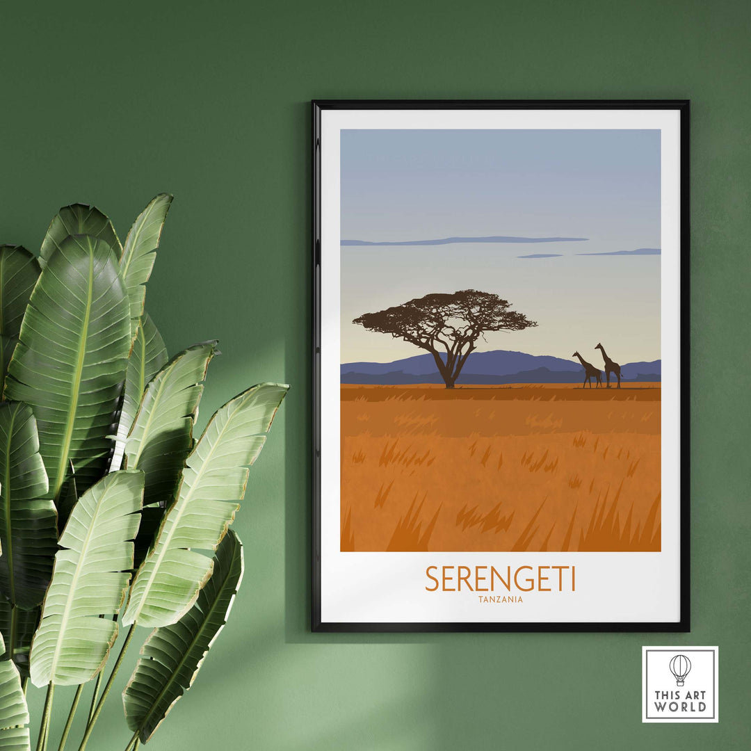 Serengeti National Park poster print featuring giraffes and acacia tree, ideal wall art for travel enthusiasts.