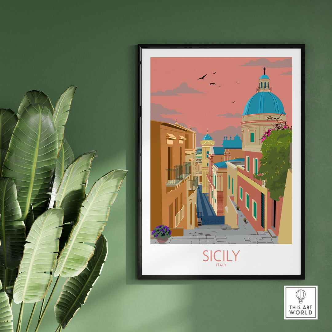 Sicily poster featuring a scenic Italian street view with a dome, ideal for wall art in home or office decor.