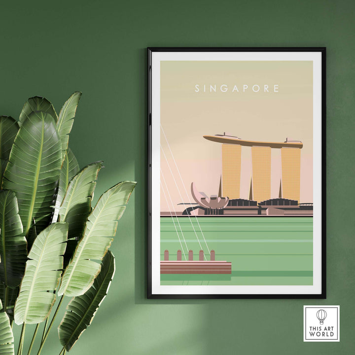 Vintage Singapore travel poster print featuring Marina Bay Sands on a green wall.