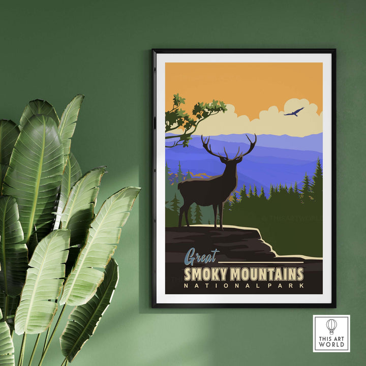 Smoky Mountains National Park poster featuring a majestic deer with vibrant mountain scenery and warm sunset hues.
