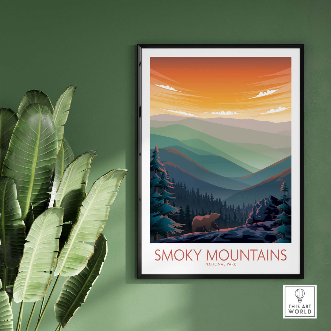 Smoky Mountains National Park poster featuring colorful sunset and bear, perfect for nature-inspired home decor.