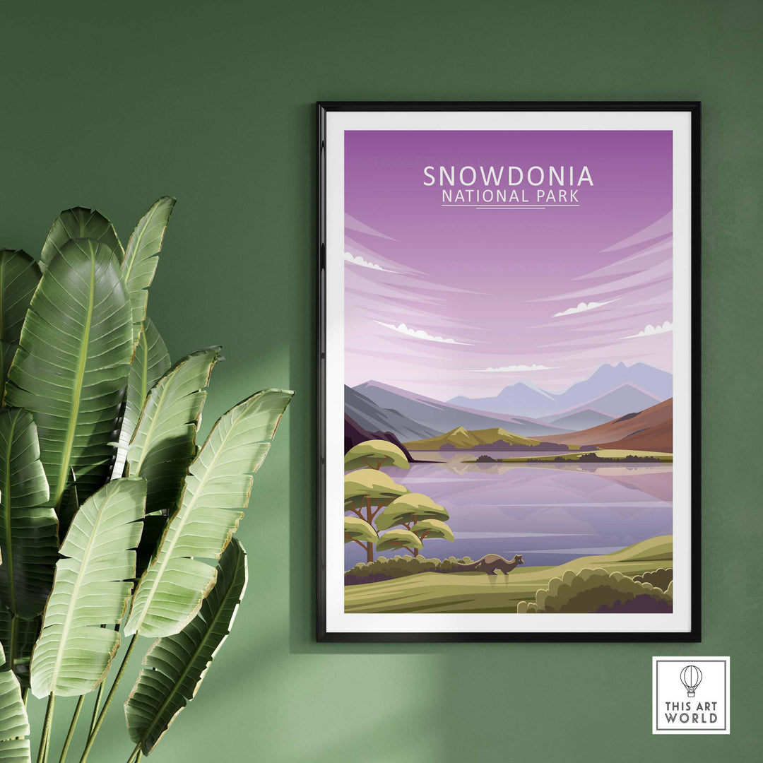 Snowdonia National Park poster featuring minimalist landscape art, framed against a green wall.