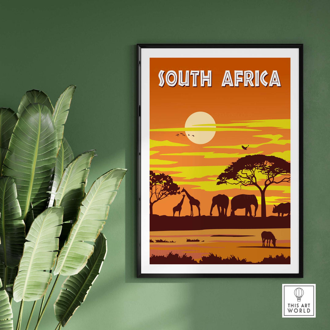 Vintage South Africa travel poster featuring wildlife and sunset, perfect for home or office decor.