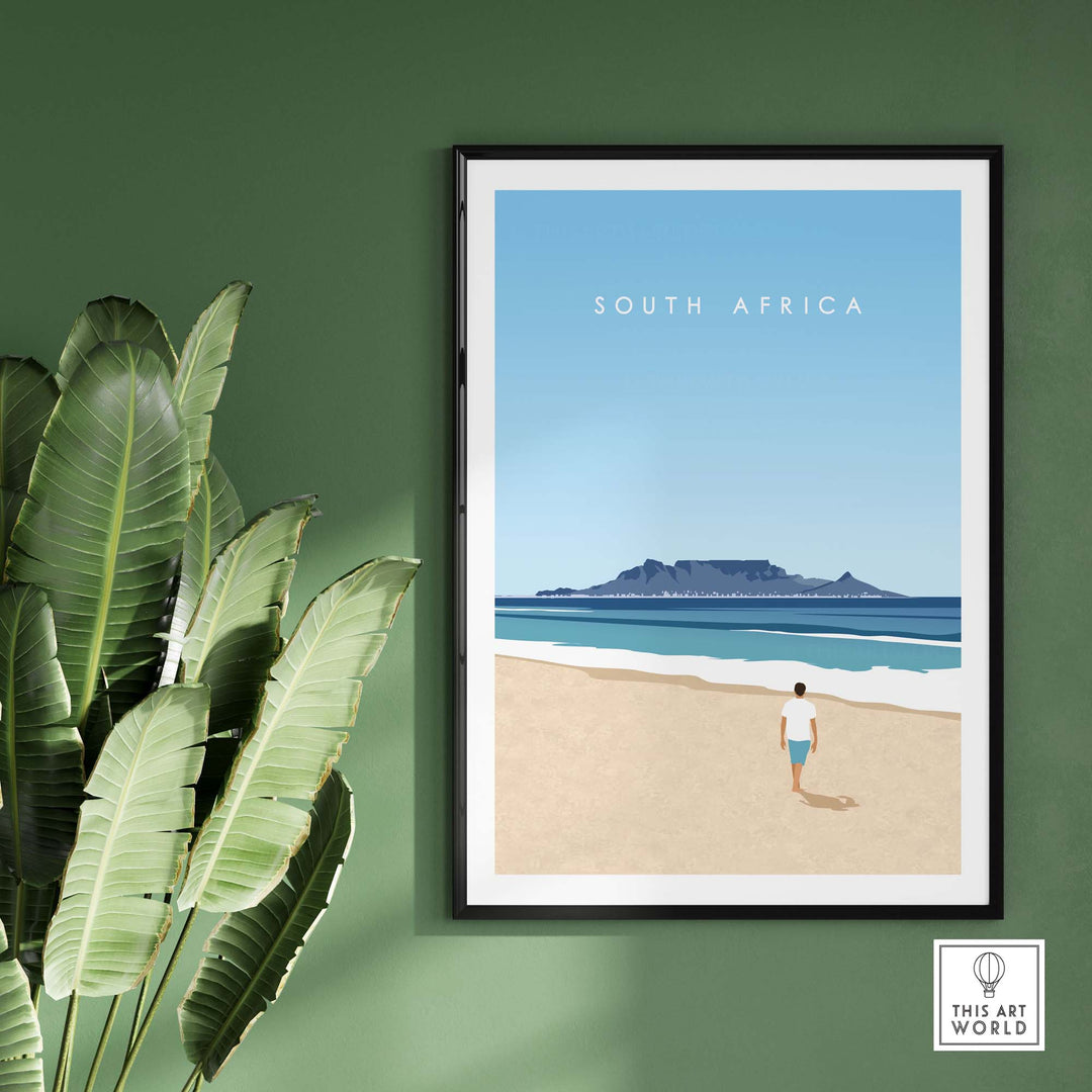 South Africa travel poster print featuring a minimalist beach scene with Table Mountain and a person walking on sand.