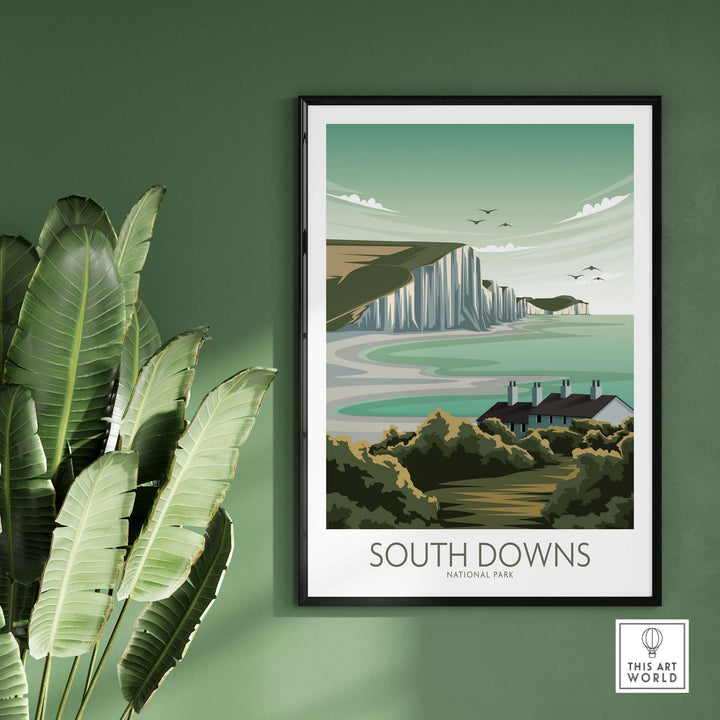 South Downs National Park poster art print displayed in a modern setting with greenery.