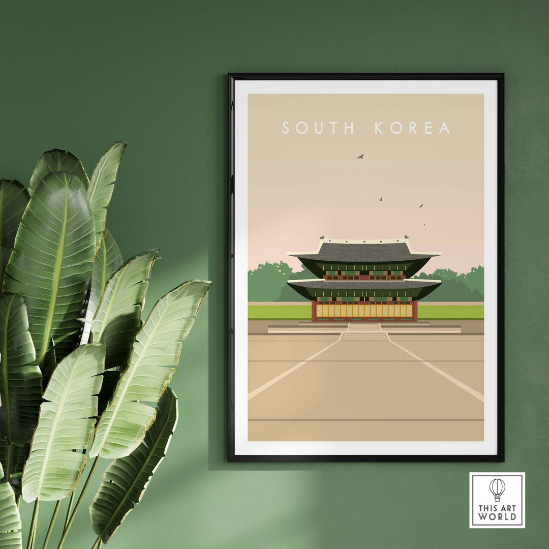 Vintage South Korea poster print featuring traditional architecture, designed for stylish home decor.