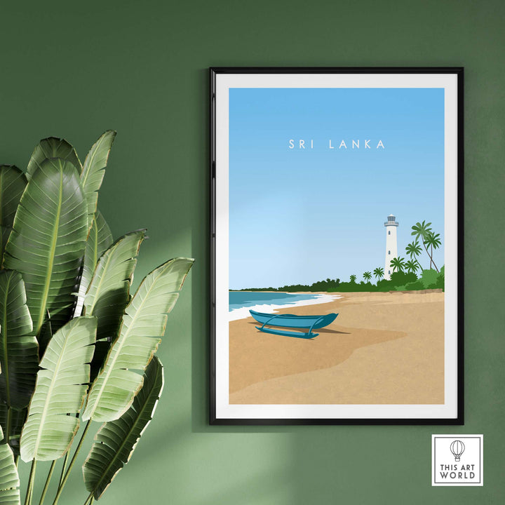 Sri Lanka travel poster print featuring a beach scene with a boat and lighthouse, ideal for nostalgic wall art.