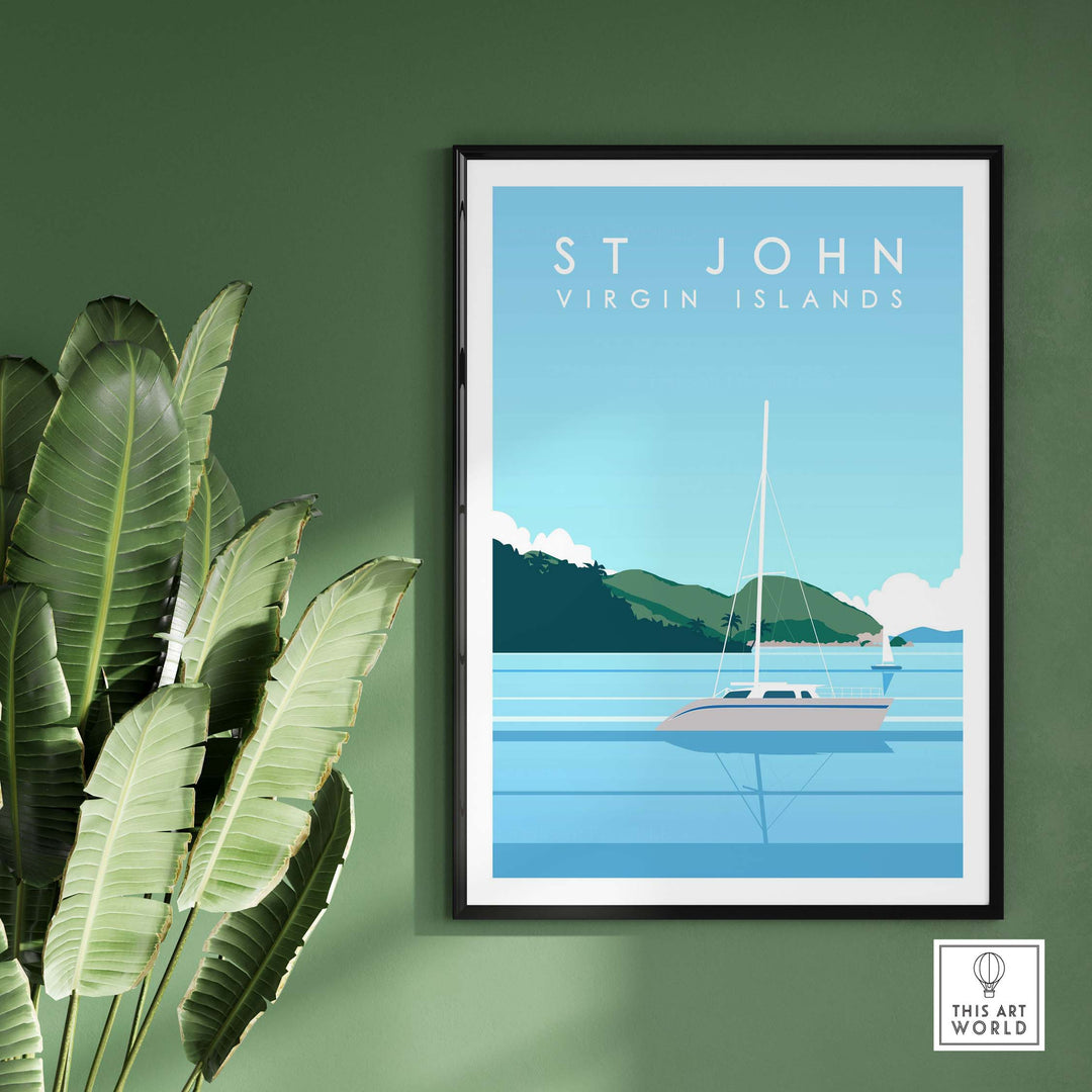 St John Virgin Islands travel poster featuring a serene sea view and a sailboat, perfect for home decor.