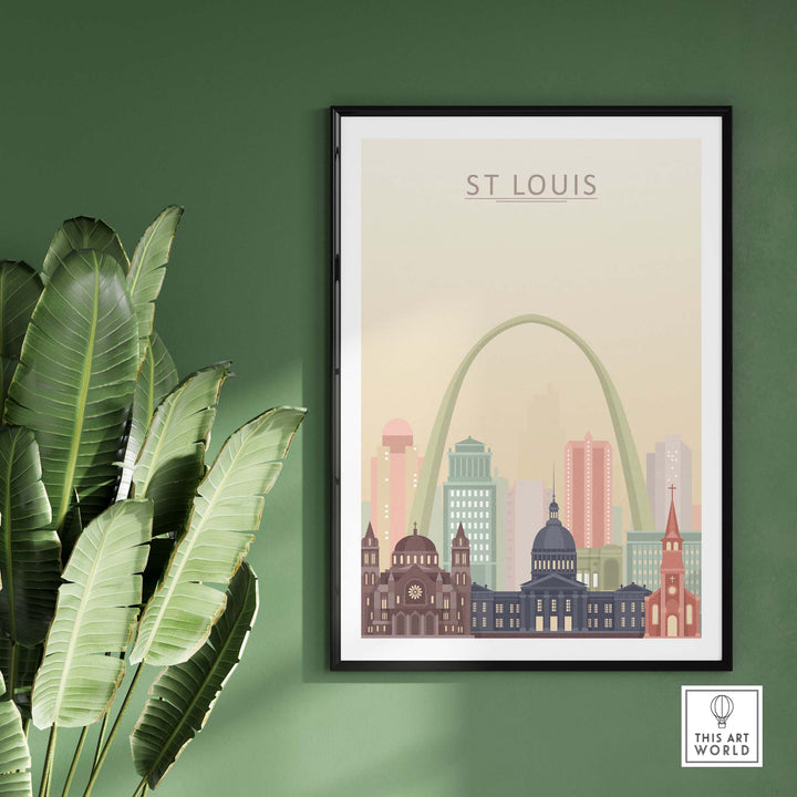 St Louis City Skyline Wall Art Print featuring iconic buildings in pastel colors, framed against a green wall.