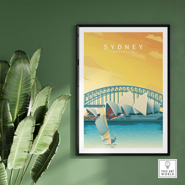 Sydney Travel Poster Print featuring the iconic Sydney Harbour and sailboats, perfect for home or office decor.