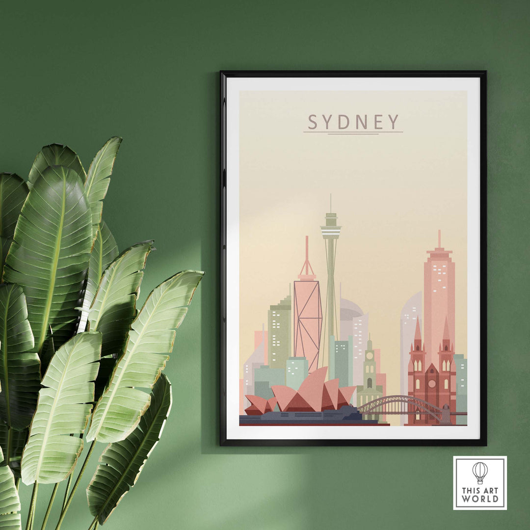 Sydney City Skyline Print featuring iconic landmarks in warm pastel tones, framed against a green wall.