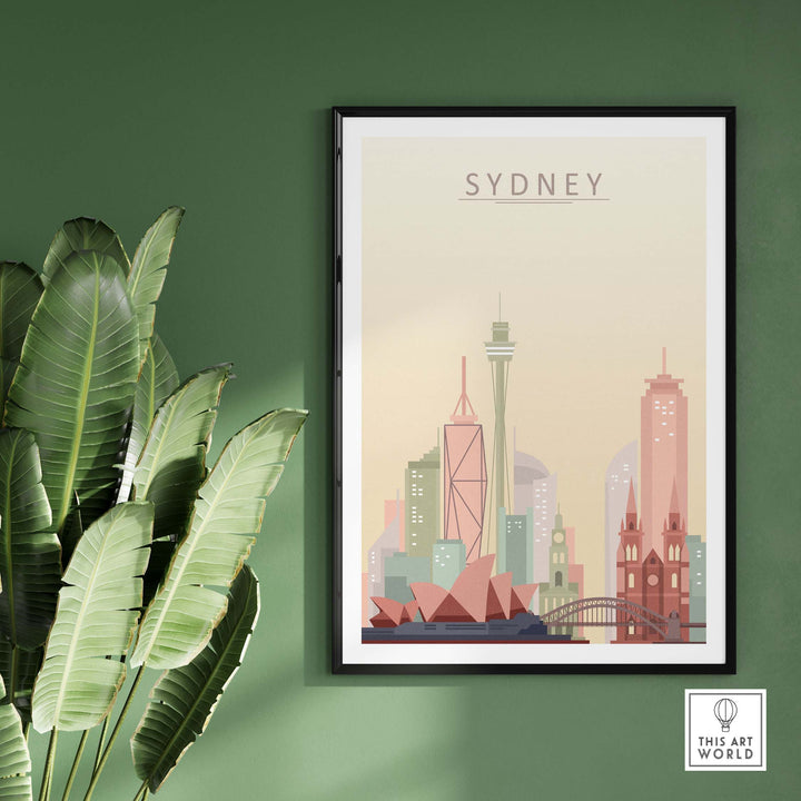 Sydney City Skyline Print featuring iconic landmarks in warm pastel tones, framed against a green wall.