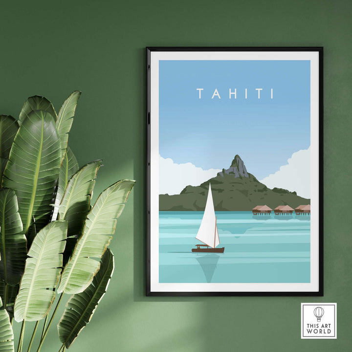 Tahiti Poster Travel Print showcasing a sailboat and tropical island, perfect for wall art and travel inspiration.