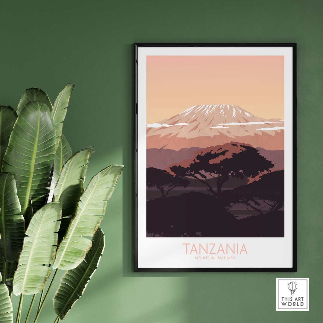 Kilimanjaro Print Tanzania Poster showcasing Mount Kilimanjaro in vintage travel art style for home decor.